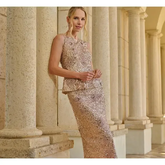$450 Adrianna Papell Sleeveless Beaded Peplum Dress In Shell Pink sz 2 MOB  Prom